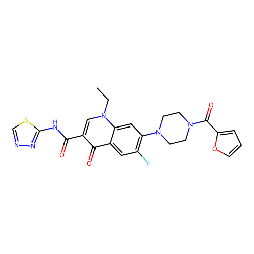 1-ethyl-6-fluoro-7-(4-(furan-2-carbonyl)piperazin-1-yl)-4-oxo-N-(1,3,4-thiadiazol-2-yl)-1,4-dihydroquinoline-3-carboxamide structure