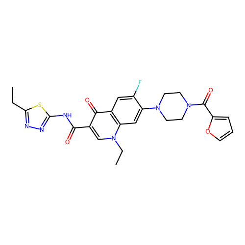 1-ethyl-N-(5-ethyl-1,3,4-thiadiazol-2-yl)-6-fluoro-7-(4-(furan-2-carbonyl)piperazin-1-yl)-4-oxo-1,4-dihydroquinoline-3-carboxamide structure