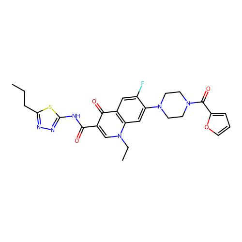 1-ethyl-6-fluoro-7-(4-(furan-2-carbonyl)piperazin-1-yl)-4-oxo-N-(5-propyl-1,3,4-thiadiazol-2-yl)-1,4-dihydroquinoline-3-carboxamide structure