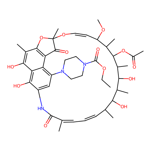 Ethyl 4-[(12Z,14Z,24Z)-21-(acetyloxy)-5,6,17,19-tetrahydroxy-23-methoxy-2,4,12,16,18,20,22-heptamethyl-1,11-dioxo-1,2-dihydro-2,7-(epoxypentadeca[1,11,13]trienoimino)naphtho[2,1-b]furan-9-yl]piperazine-1-carboxylate structure
