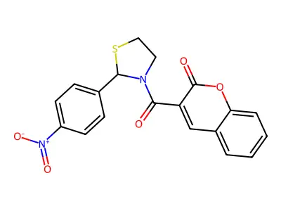 3-(2-(4-nitrophenyl)thiazolidine-3-carbonyl)-2H-chromen-2-one structure