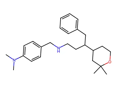 4-[[[3-(2,2-dimethyloxan-4-yl)-4-phenylbutyl]amino]methyl]-N,N-dimethylaniline structure