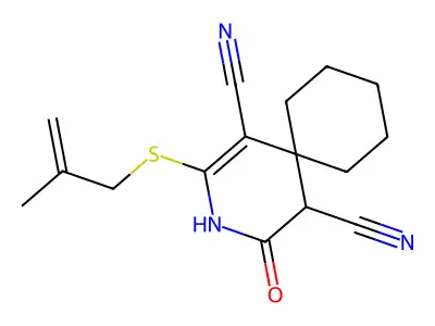 2-((2-Methylallyl)thio)-4-oxo-3-azaspiro[5.5]undec-1-ene-1,5-dicarbonitrile structure