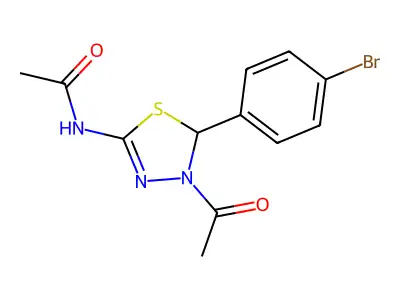 N-[4-acetyl-5-(4-bromophenyl)-4,5-dihydro-1,3,4-thiadiazol-2-yl]acetamide structure