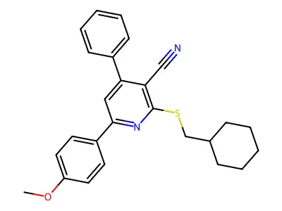 2-((Cyclohexylmethyl)thio)-6-(4-methoxyphenyl)-4-phenylnicotinonitrile structure