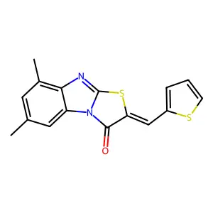 (2E)-5,7-dimethyl-2-(thiophen-2-ylmethylidene)-[1,3]thiazolo[3,2-a]benzimidazol-1-one structure