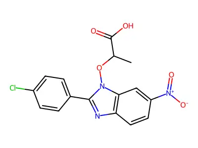 2-{[2-(4-chlorophenyl)-6-nitro-1H-1,3-benzimidazol-1-yl]oxy}propanoic acid structure