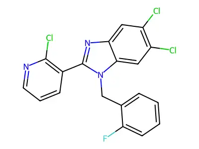 5,6-dichloro-2-(2-chloro-3-pyridinyl)-1-(2-fluorobenzyl)-1H-1,3-benzimidazole structure