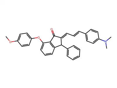 2-[3-(4-dimethylaminophenyl)prop-2-enylidene]-7-(4-methoxyphenoxy)-3-phenyl-3H-inden-1-one structure