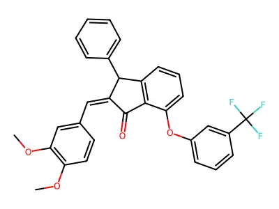 2-[(3,4-dimethoxyphenyl)methylidene]-3-phenyl-7-[3-(trifluoromethyl)phenoxy]-3H-inden-1-one structure