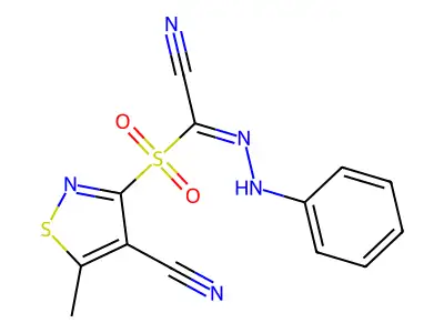 N-anilino-1-[(4-cyano-5-methyl-1,2-thiazol-3-yl)sulfonyl]methanimidoyl cyanide structure