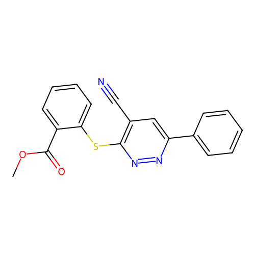 Methyl 2-((4-cyano-6-phenyl-3-pyridazinyl)sulfanyl)benzenecarboxylate structure