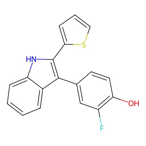 2-fluoro-4-(2-thiophen-2-yl-1H-indol-3-yl)phenol structure