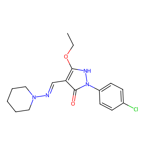 2-(4-chlorophenyl)-5-ethoxy-4-(piperidin-1-yliminomethyl)-1H-pyrazol-3-one structure