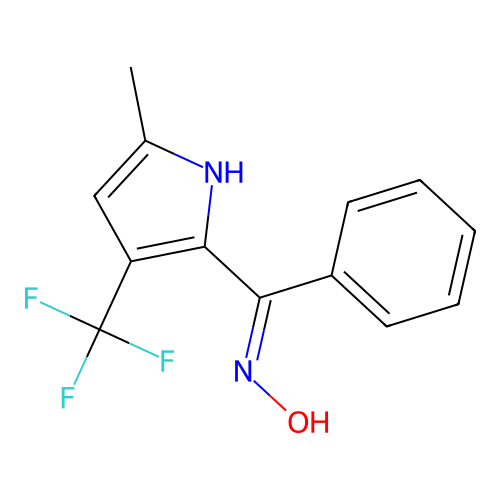 N-[[5-methyl-3-(trifluoromethyl)-1H-pyrrol-2-yl]-phenylmethylidene]hydroxylamine structure