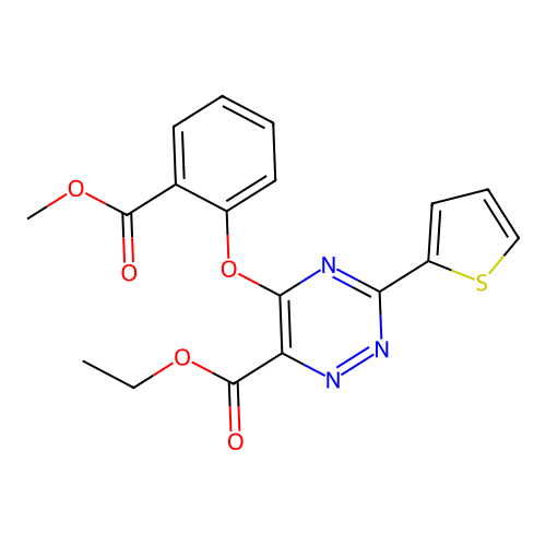 Ethyl 5-[2-(methoxycarbonyl)phenoxy]-3-(2-thienyl)-1,2,4-triazine-6-carboxylate structure