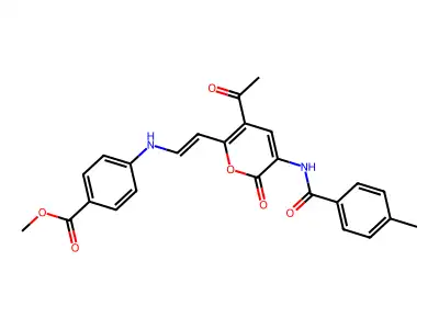 Methyl 4-[2-[3-acetyl-5-[(4-methylbenzoyl)amino]-6-oxo-pyran-2-yl]ethenylamino]benzoate structure