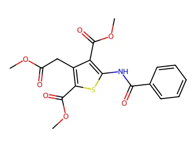 Dimethyl 5-(benzoylamino)-3-(2-methoxy-2-oxoethyl)-2,4-thiophenedicarboxylate structure