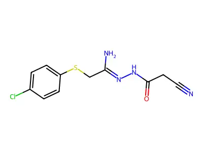 N-[[1-amino-2-(4-chlorophenyl)sulfanylethylidene]amino]-2-cyanoacetamide structure