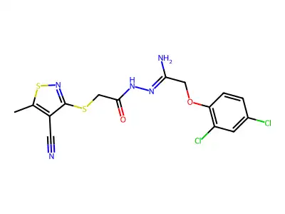 2-[(4-cyano-5-methyl-1,2-thiazol-3-yl)sulfanyl]-N'-[2-(2,4-dichlorophenoxy)ethanimidoyl]acetohydrazide structure
