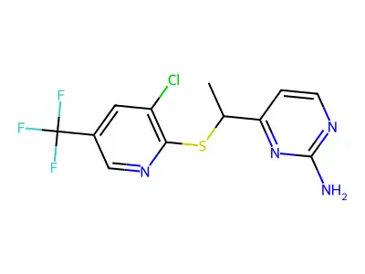 4-(1-{[3-Chloro-5-(trifluoromethyl)-2-pyridinyl]sulfanyl}ethyl)-2-pyrimidinamine structure