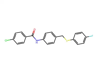 4-chloro-N-(4-{[(4-fluorophenyl)sulfanyl]methyl}phenyl)benzenecarboxamide structure