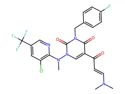 1-[[3-chloro-5-(trifluoromethyl)pyridin-2-yl]-methylamino]-5-[3-(dimethylamino)prop-2-enoyl]-3-[(4-fluorophenyl)methyl]pyrimidine-2,4-dione structure