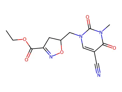 ethyl 5-{[5-cyano-3-methyl-2,4-dioxo-3,4-dihydro-1(2H)-pyrimidinyl]methyl}-4,5-dihydro-3-isoxazolecarboxylate structure