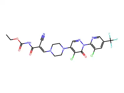ethyl N-[3-(4-{5-chloro-1-[3-chloro-5-(trifluoromethyl)-2-pyridinyl]-6-oxo-1,6-dihydro-4-pyridazinyl}piperazino)-2-cyanoacryloyl]carbamate structure