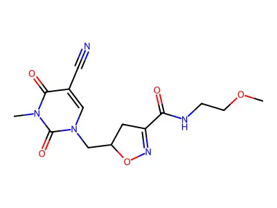 5-[(5-cyano-3-methyl-2,4-dioxopyrimidin-1-yl)methyl]-N-(2-methoxyethyl)-4,5-dihydro-1,2-oxazole-3-carboxamide structure