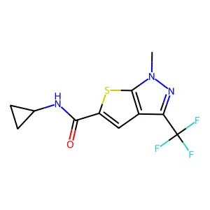 N-cyclopropyl-1-methyl-3-(trifluoromethyl)-1H-thieno[2,3-c]pyrazole-5-carboxamide structure