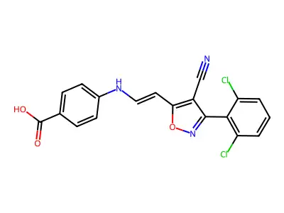 4-[2-[4-Cyano-3-(2,6-dichlorophenyl)-1,2-oxazol-5-yl]ethenylamino]benzoic acid structure
