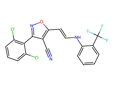 3-(2,6-dichlorophenyl)-5-{2-[2-(trifluoromethyl)anilino]vinyl}-4-isoxazolecarbonitrile structure