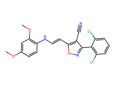 3-(2,6-dichlorophenyl)-5-[2-(2,4-dimethoxyanilino)ethenyl]-1,2-oxazole-4-carbonitrile structure