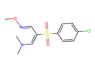 2-(4-chlorophenyl)sulfonyl-3-methoxyimino-N,N-dimethylprop-1-en-1-amine structure