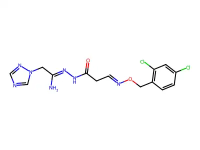 3-{[(2,4-dichlorobenzyl)oxy]imino}-N'-[2-(1H-1,2,4-triazol-1-yl)ethanimidoyl]propanohydrazide structure
