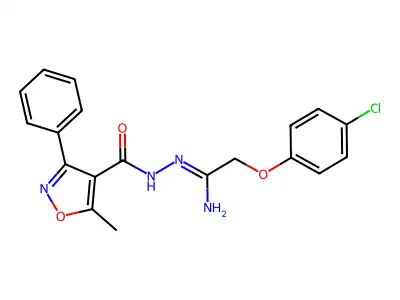 N'-[2-(4-chlorophenoxy)ethanimidoyl]-5-methyl-3-phenyl-1,2-oxazole-4-carbohydrazide structure