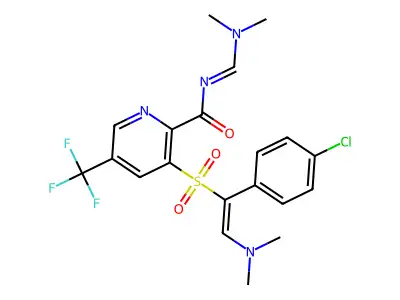 3-[1-(4-chlorophenyl)-2-(dimethylamino)ethenyl]sulfonyl-N-(dimethylaminomethylidene)-5-(trifluoromethyl)pyridine-2-carboxamide structure