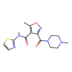 5-methyl-3-(4-methylpiperazine-1-carbonyl)-N-(1,3-thiazol-2-yl)-1,2-oxazole-4-carboxamide structure
