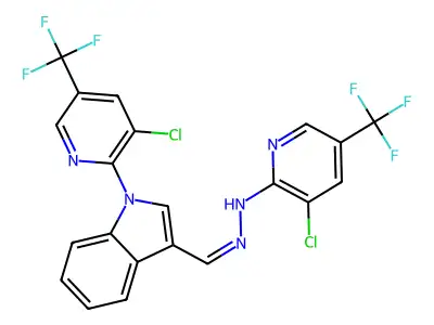 1-[3-chloro-5-(trifluoromethyl)-2-pyridinyl]-1H-indole-3-carbaldehyde N-[3-chloro-5-(trifluoromethyl)-2-pyridinyl]hydrazone structure