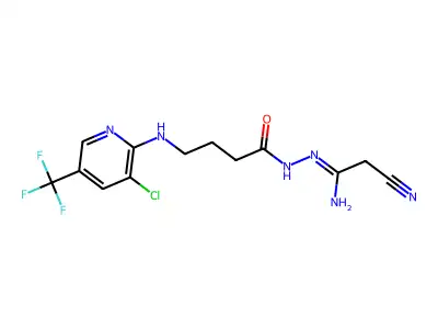 4-{[3-chloro-5-(trifluoromethyl)-2-pyridinyl]amino}-N'-(2-cyanoethanimidoyl)butanohydrazide structure