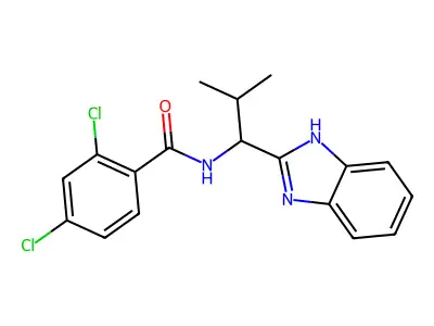 N-(1-(1H-1,3-benzimidazol-2-yl)-2-methylpropyl)-2,4-dichlorobenzenecarboxamide structure