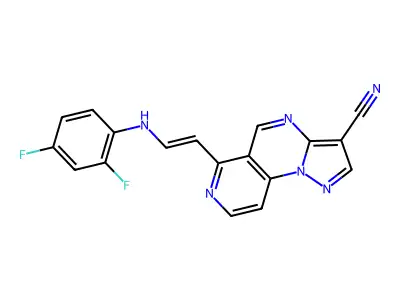 6-[2-(2,4-difluoroanilino)vinyl]pyrazolo[1,5-a]pyrido[3,4-e]pyrimidine-3-carbonitrile structure