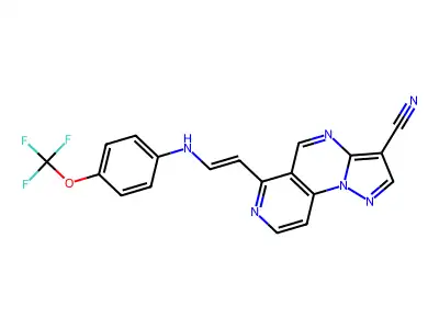 6-{2-[4-(trifluoromethoxy)anilino]vinyl}pyrazolo[1,5-a]pyrido[3,4-e]pyrimidine-3-carbonitrile structure