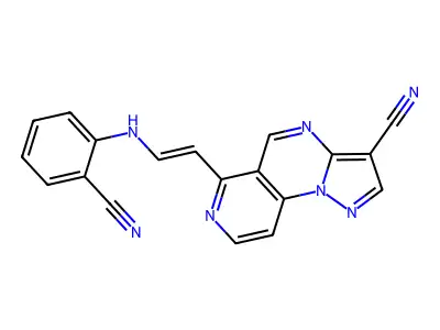 6-[2-(2-cyanoanilino)vinyl]pyrazolo[1,5-a]pyrido[3,4-e]pyrimidine-3-carbonitrile structure