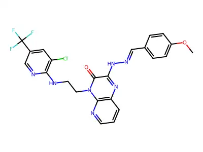 4-[2-[[3-chloro-5-(trifluoromethyl)pyridin-2-yl]amino]ethyl]-2-[2-[(4-methoxyphenyl)methylidene]hydrazinyl]pyrido[2,3-b]pyrazin-3-one structure