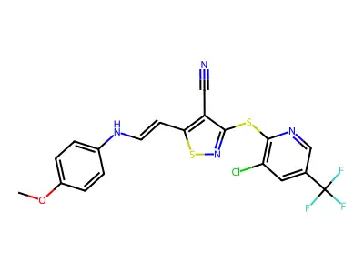 3-[[3-Chloro-5-(trifluoromethyl)-2-pyridinyl]thio]-5-[2-[(4-methoxyphenyl)amino]ethenyl]-4-isothiazolecarbonitrile structure