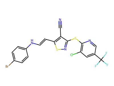5-[2-(4-bromoanilino)ethenyl]-3-[3-chloro-5-(trifluoromethyl)pyridin-2-yl]sulfanyl-1,2-thiazole-4-carbonitrile structure