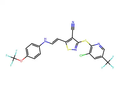 3-[3-chloro-5-(trifluoromethyl)pyridin-2-yl]sulfanyl-5-[2-[4-(trifluoromethoxy)anilino]ethenyl]-1,2-thiazole-4-carbonitrile structure