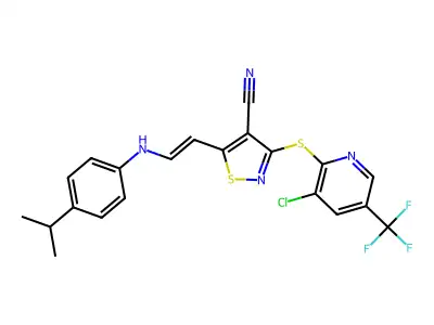3-[3-chloro-5-(trifluoromethyl)pyridin-2-yl]sulfanyl-5-[2-(4-propan-2-ylanilino)ethenyl]-1,2-thiazole-4-carbonitrile structure